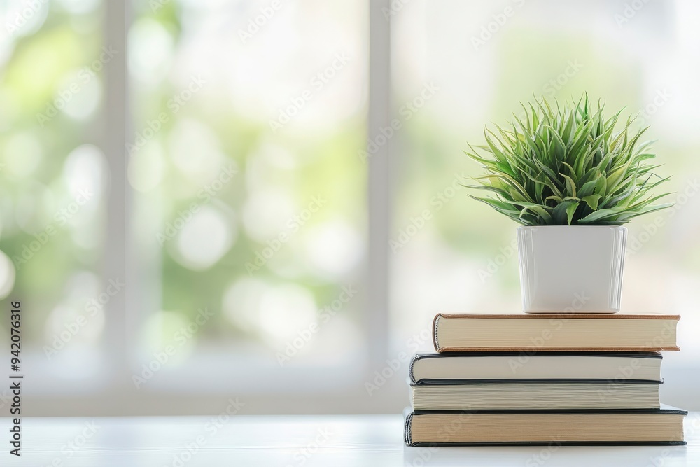 Copy space on a white tabletop with books and a potted plant on a blurred, bright background with generative ai Copy space on a white tabletop with books and a potted plant on a blurred, bright background with generative ai