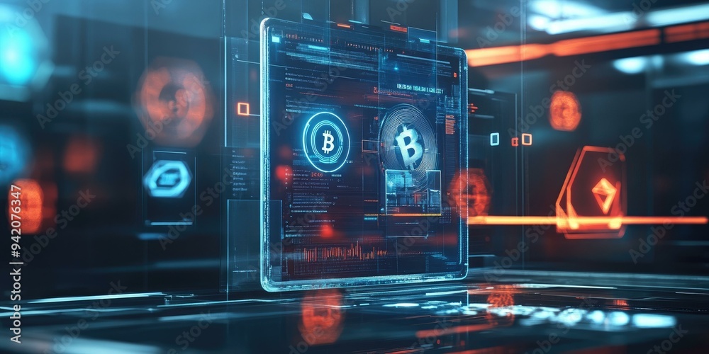Fototapeta premium Bitcoin symbol on a futuristic digital screen.