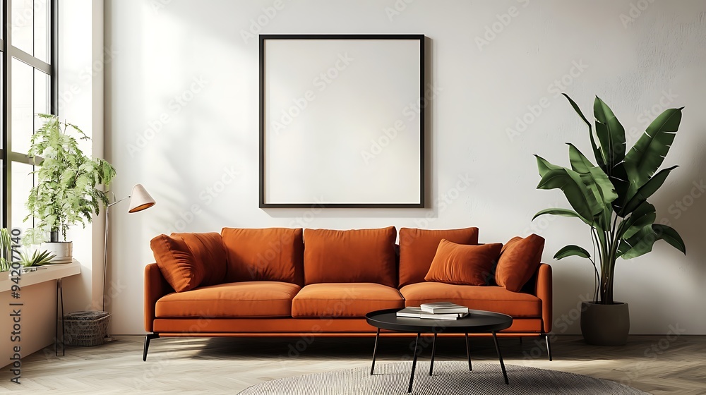 Fototapeta premium A chic mid-century modern living room with a burnt orange sofa and an empty thin black frame on the wall.