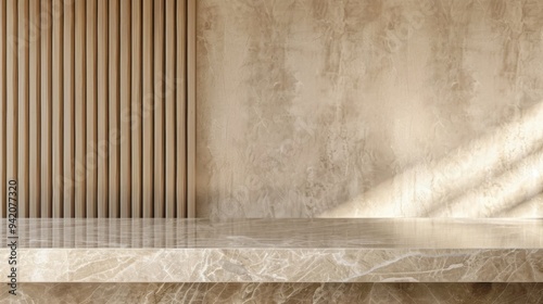 Marble tabletop on wooden wall panels with slats background. Empty countertop mockup for cosmetics products presentation. Clean podium in luxury studio.