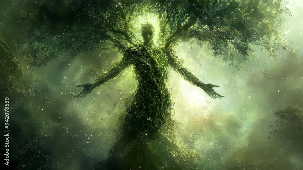 Tree with a humanlike spirit figure emerging from its core, surrounded ...