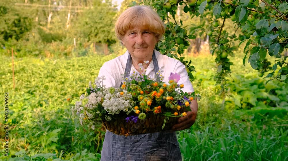 Woman with medicinal herbs in the garden. Selective focus. Woman with medicinal herbs in the garden. Selective focus.