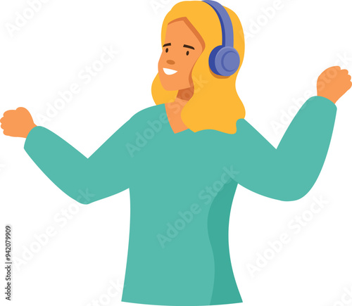 Happy smiling young woman listening music in headphones and dancing