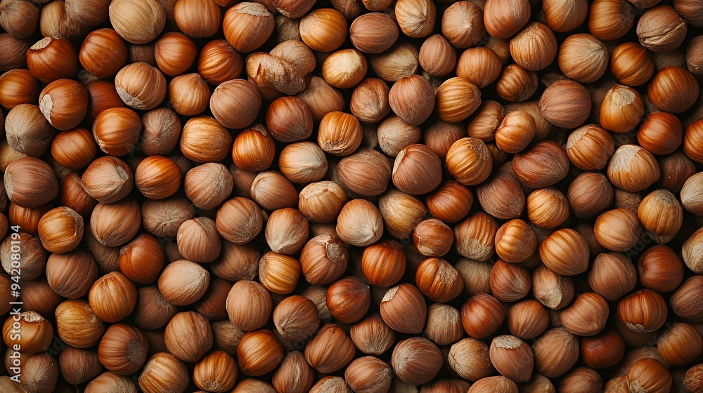 A close-up view of numerous hazelnuts arranged in a natural setting. A close-up view of numerous hazelnuts arranged in a natural setting.
