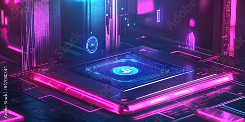 Neon lights illuminate a Bitcoin symbol.