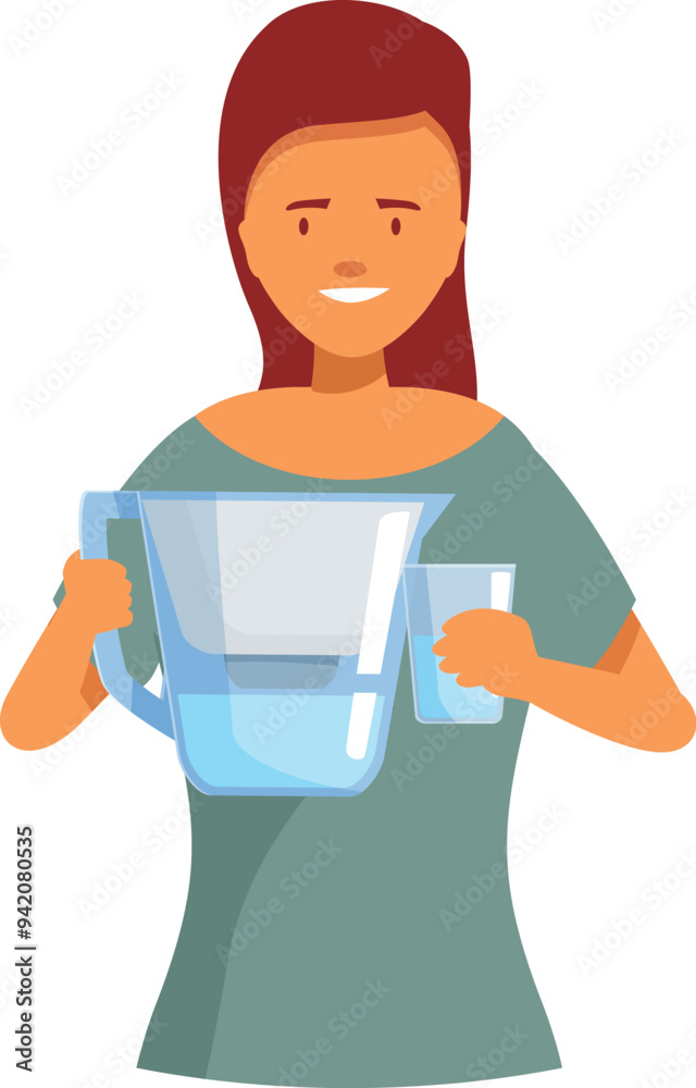Young woman is smiling while holding a water filter jug and a glass of clean water Young woman is smiling while holding a water filter jug and a glass of clean water