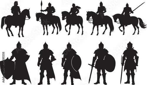 set of silhouette illustration of a knight