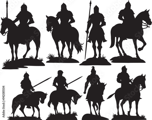 set of silhouette illustration of a knight