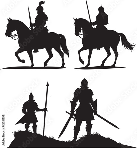 set of silhouette illustration of a knight