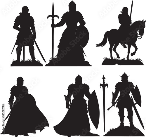 set of silhouette illustration of a knight