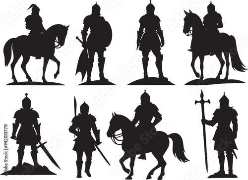 set of silhouette illustration of a knight