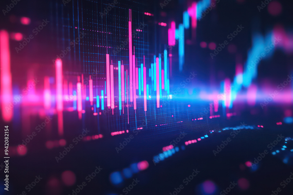 Close-up of a candlestick chart with stock market trends on a digital display, Close-up of a candlestick chart with stock market trends on a digital display,