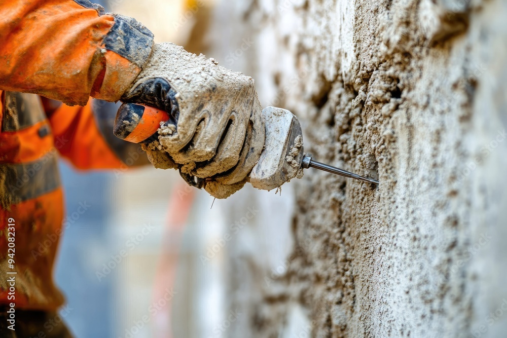 Obraz premium Close-up of a worker using a tool. This photo shows a worker using a tool to make a hole in a concrete wall for a construction project.