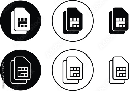 SIM icons set. Sim card flat and line black vector collection mobile slot icon. Mobile Cellular Phone Sim Card Chip Isolated on transparent Background. Digital Nfc technology symbol. ditable stroke.