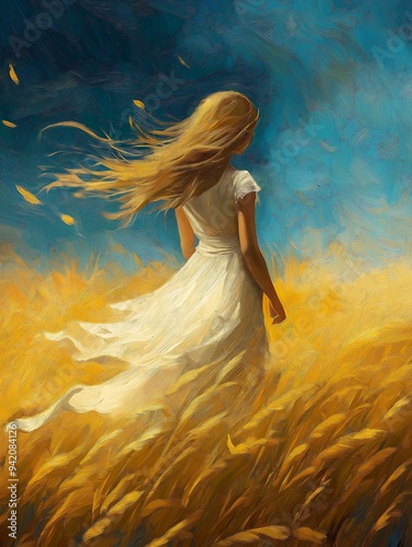 Wallpaper Mural woman white dress walking field wearing wheat yellow gauze dreamscape forecasted sky frequency princess album cover wind blowing hair flowing young girl side profile away Torontodigital.ca