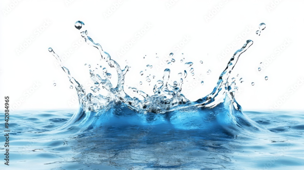 Water drop midair, about to splash into a pool, white background, 3D illustration Water drop midair, about to splash into a pool, white background, 3D illustration