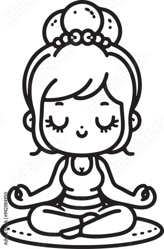 A cartoon style cute girl meditation line art design 