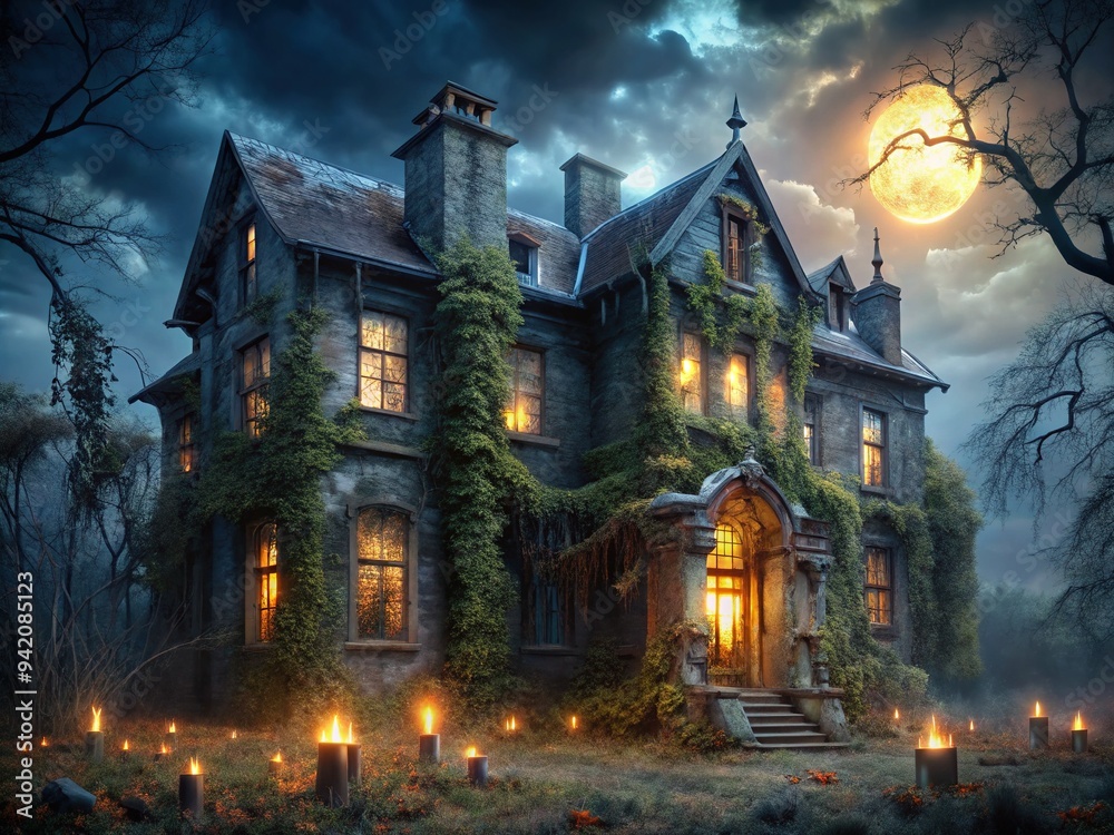 Spooky abandoned mansion with crumbling walls, tangled vines, and flickering candles, set against a dark, moonlit sky, evoking eerie Halloween atmosphere. Spooky abandoned mansion with crumbling walls, tangled vines, and flickering candles, set against a dark, moonlit sky, evoking eerie Halloween atmosphere.