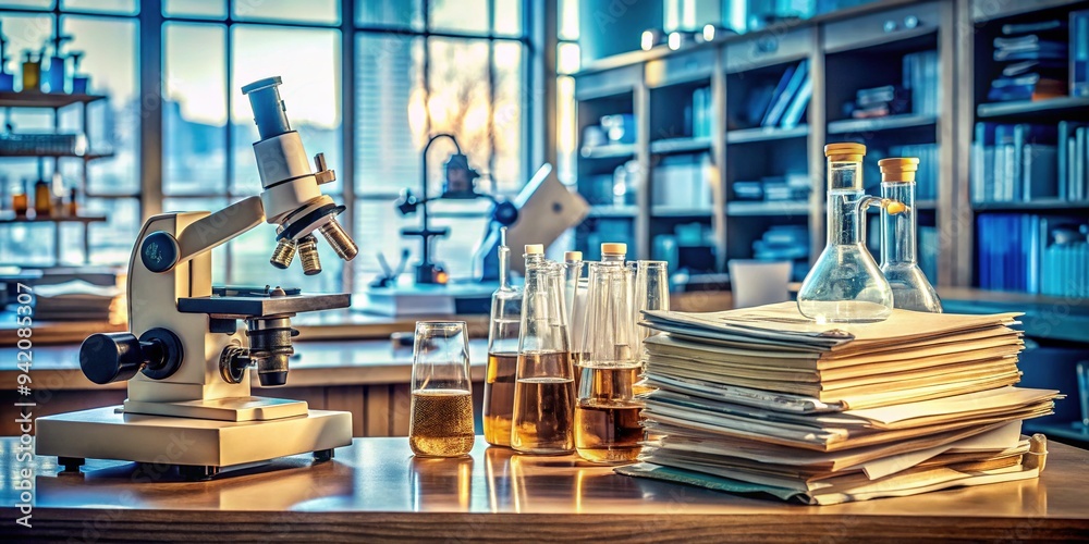 Stack of worn, annotated scientific journals and research papers on a cluttered laboratory table surrounded by microscopes, test tubes, and various scientific equipment.