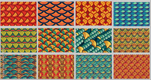 Set of colorful patterns in the style of scales