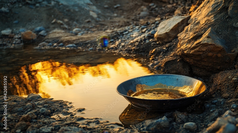 Mountainous terrain gold panning at dawn first light hitting the water golden reflections in the pan rugged exploration Mountainous terrain gold panning at dawn first light hitting the water golden reflections in the pan rugged exploration