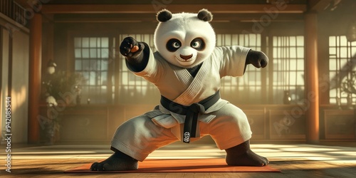 A panda in a karate stance, wearing a white gi.