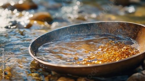 Pristine river gold panning close-up of golden grains in a pan serene nature setting clear running water