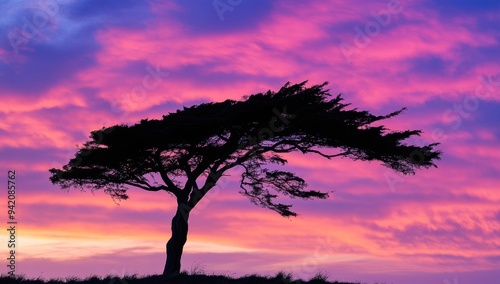 Silhouette of a cypress tree against the sky at sunset, with colorful clouds in pink and purple hues Generative AI