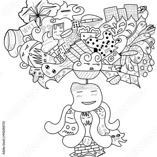 Joyful Black and White Cartoon Monsters Party with one minded by squid and overcrowded thought