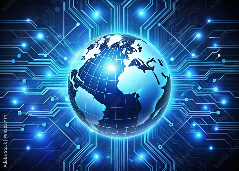Stylized blue globe surrounded by glowing circuit lines and nodes, symbolizing a secure and efficient gateway to access and manage online information and services. Stylized blue globe surrounded by glowing circuit lines and nodes, symbolizing a secure and efficient gateway to access and manage online information and services.