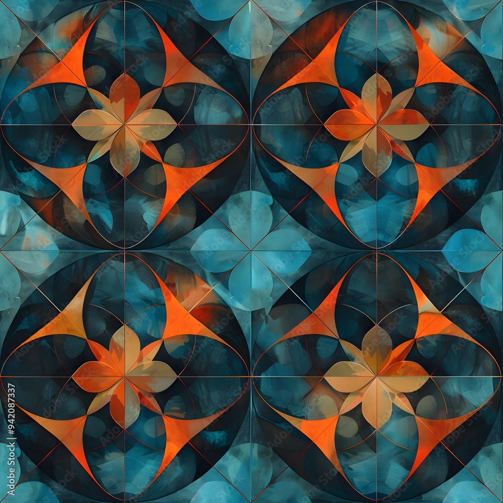 Gothic Sacred Geometry Pattern in Teal and Orange Watercolor - Intricate Abstract Design