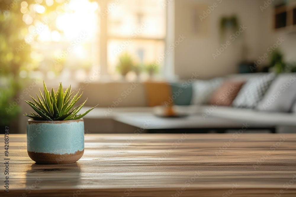 Empty mockup space on a tabletop with a blurred comfortable living room as a background with generative ai Empty mockup space on a tabletop with a blurred comfortable living room as a background with generative ai