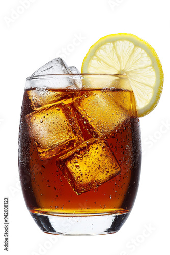 A refreshing glass of iced tea with large ice cubes and a lemon slice garnish. The deep amber beverage has condensation on the glass, emphasizing its cold and refreshing nature. Transparent background