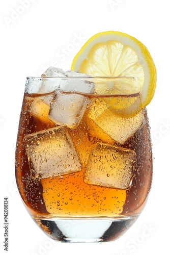 A chilled glass of iced tea with large ice cubes, garnished with a fresh lemon slice. The deep amber liquid is adorned with droplets of condensation. Transparent background