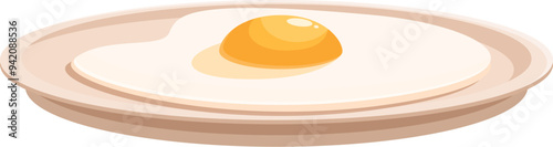 Simple fried egg is sitting on a round plate, ready to be served for breakfast