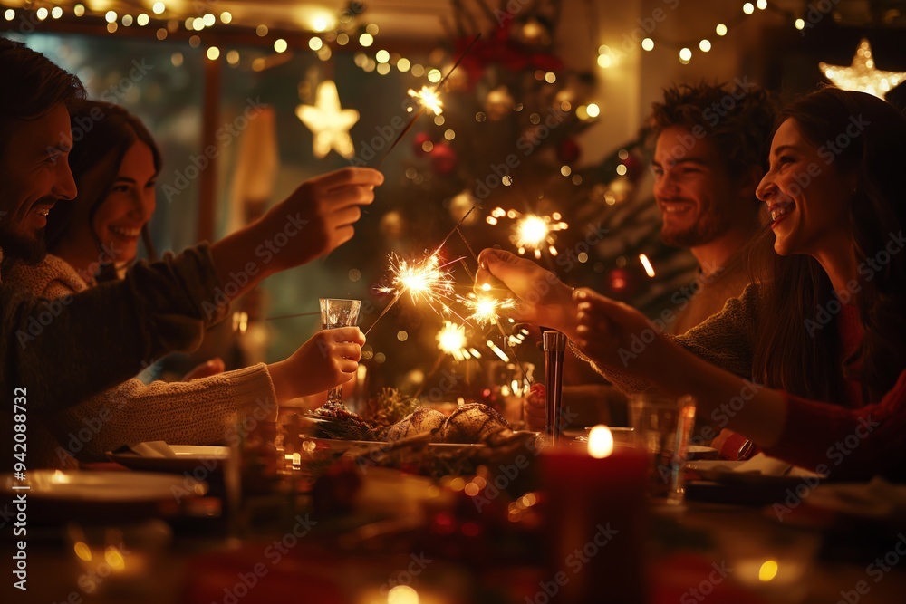Naklejka premium Warm and joyful family gathering during the holiday season, featuring festive Christmas lights and sparklers. A cozy, cheerful atmosphere perfect for celebrating Christmas together.