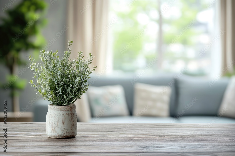 Empty mockup space on a tabletop with a blurred comfortable living room as a background with generative ai Empty mockup space on a tabletop with a blurred comfortable living room as a background with generative ai