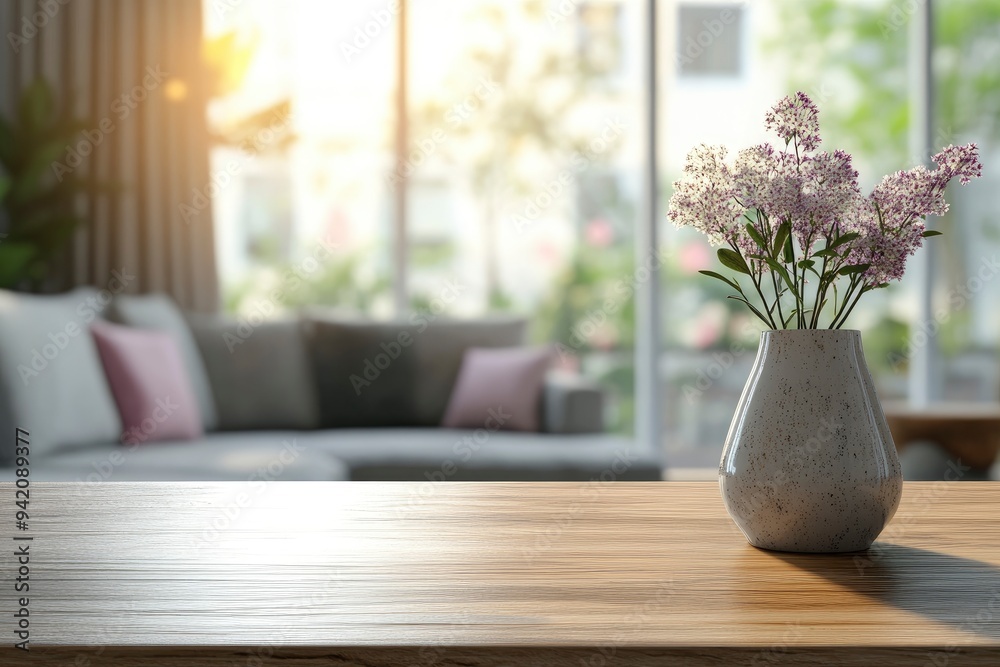 Empty mockup space on a tabletop with a blurred comfortable living room as a background with generative ai Empty mockup space on a tabletop with a blurred comfortable living room as a background with generative ai