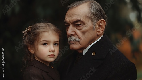 A young girl and her grandfather stand together, gazing into the distance.