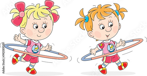 Cheerful little girls playing and spinning hoops during physical education class at elementary school, vector cartoon illustration isolated on a white background