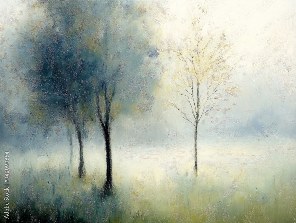 three trees field foggy sky beautifully soft lit frost clings skin blue brilliant white fog dissolving air evokes delight bocage three trees field foggy sky beautifully soft lit frost clings skin blue brilliant white fog dissolving air evokes delight bocage