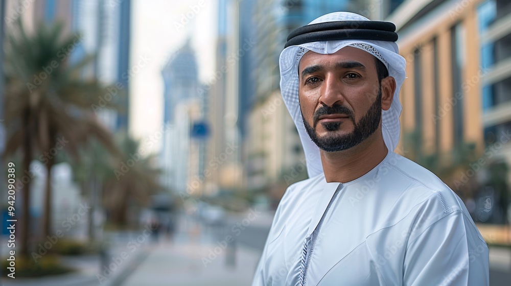 Traditional Arab Man in Modern Cityscape with Copy Space for Text, Cultural Diversity Concept Traditional Arab Man in Modern Cityscape with Copy Space for Text, Cultural Diversity Concept