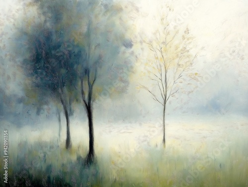 three trees field foggy sky beautifully soft lit frost clings skin blue brilliant white fog dissolving air evokes delight bocage photo