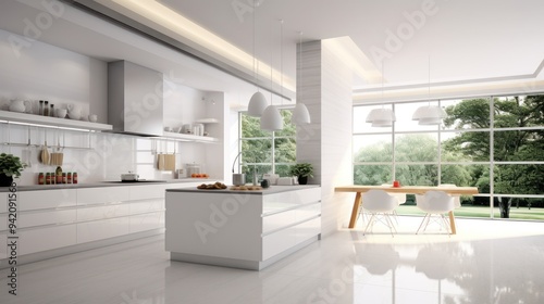 Modern White Kitchen Interior Design with Island