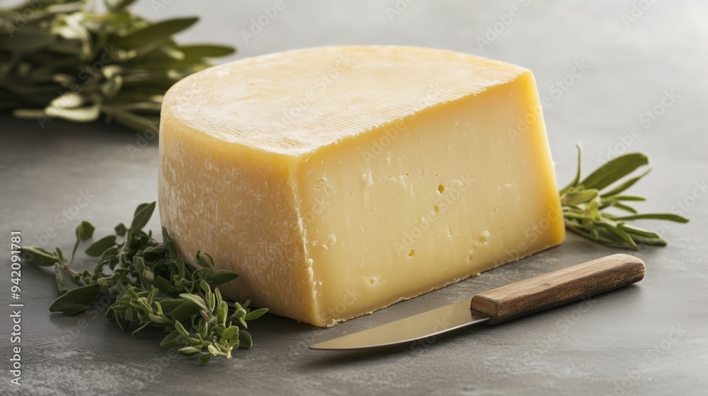 Aged Manchego cheese, herbs, and a knife, elegantly arranged against a gray background. Aged Manchego cheese, herbs, and a knife, elegantly arranged against a gray background.