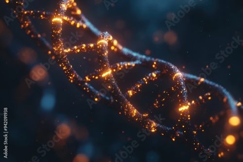 3D render of a double helix DNA structure with glowing light effects on a dark blue background