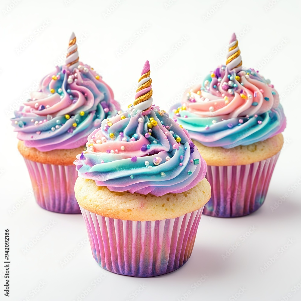 Einhornmuffins auf weißem Hintergrund Einhornmuffins auf weißem Hintergrund