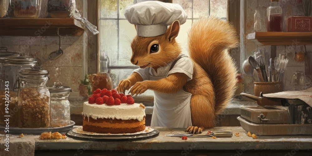 A squirrel chef decorates a strawberry cake. A squirrel chef decorates a strawberry cake.
