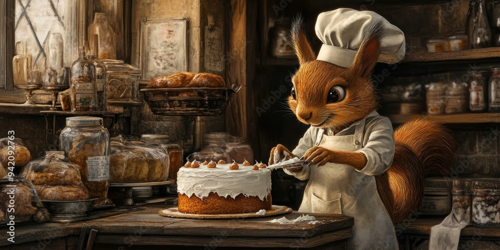 A squirrel baker decorates a cake in a bakery. A squirrel baker decorates a cake in a bakery.