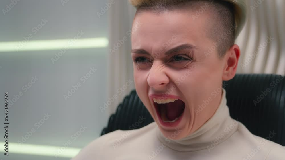 Caucasian woman annoyed crazy girl female angry mad furious scream futuristic cyberspace problem crisis stress shout yell negative expression screaming shouting irritated anger emotion face close up Caucasian woman annoyed crazy girl female angry mad furious scream futuristic cyberspace problem crisis stress shout yell negative expression screaming shouting irritated anger emotion face close up
